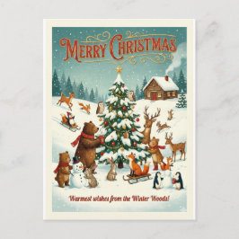 Cute Animals Celebrating Christmas in Snow シーズンポストカード
