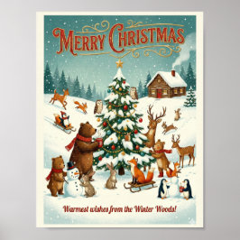 Cute Animals Celebrating Christmas in Snow ポスター