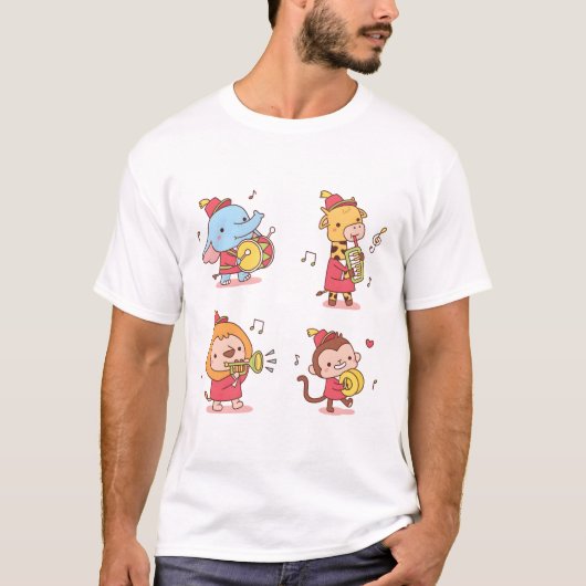 Cute Animals Elephant, Giraffe, Monkey and Lion Mu Tシャツ (正面)