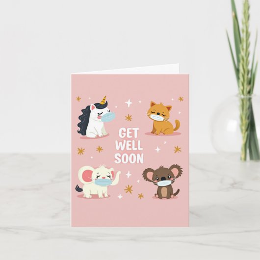 Cute animals face masks get well card カード (正面)