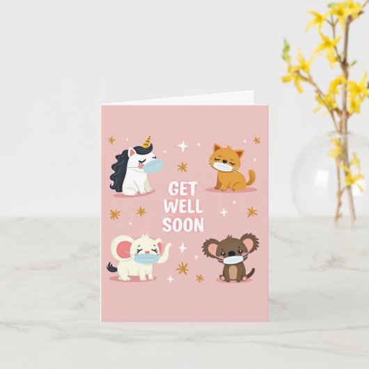 Cute animals face masks get well card カード (黄色い花)