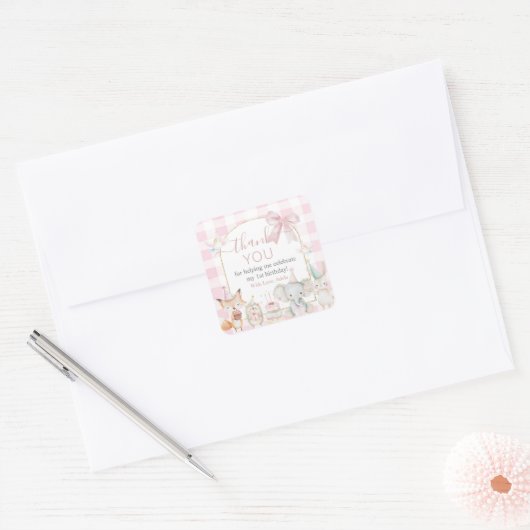 Cute Animals Fun To Be One 1st Birthday Pink スクエアシール (封筒)