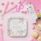 Cute Animals Fun To Be One 1st Birthday Pink ペーパープレート (パーティー)