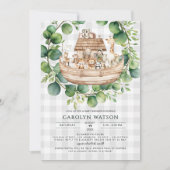 Cute Animals Gingham Noah's Ark Baby Shower  招待状 (正面)
