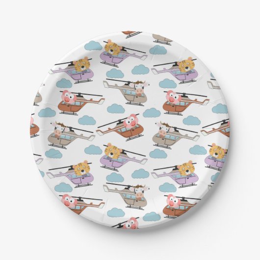Cute Animals In Helicopter Pattern ペーパープレート (正面)