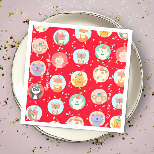 Cute Animals in Party Hats Kids Red Happy Birthday スタンダードカクテルナプキン