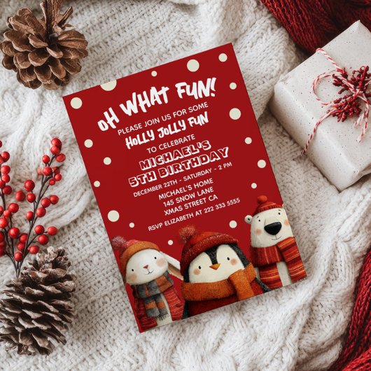 Cute Animals Red Festive Xmas Kids' Birthday Party 招待状