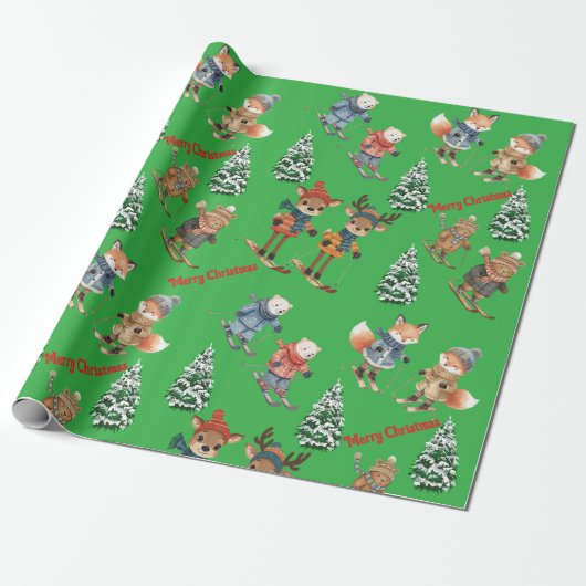 Cute Animals Skiing Wrapping Paper ラッピングペーパー (アンロールド)