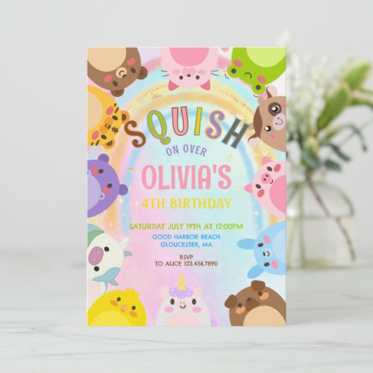 Cute Animals Squish On Over rainbow  Birthday  招待状 (スタンド正面)