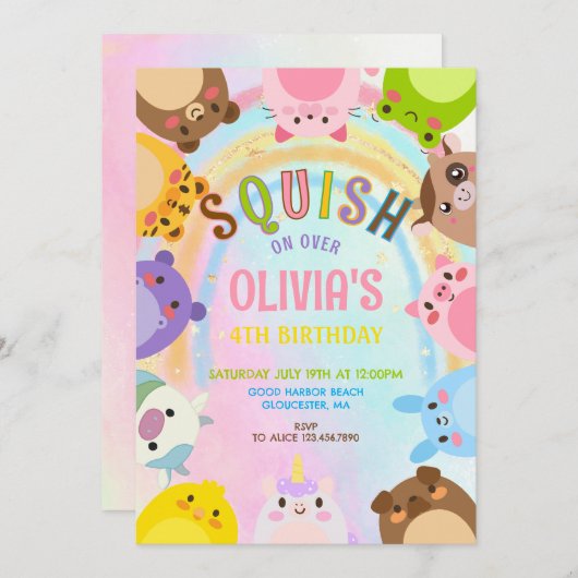 Cute Animals Squish On Over rainbow  Birthday  招待状 (正面/裏面)