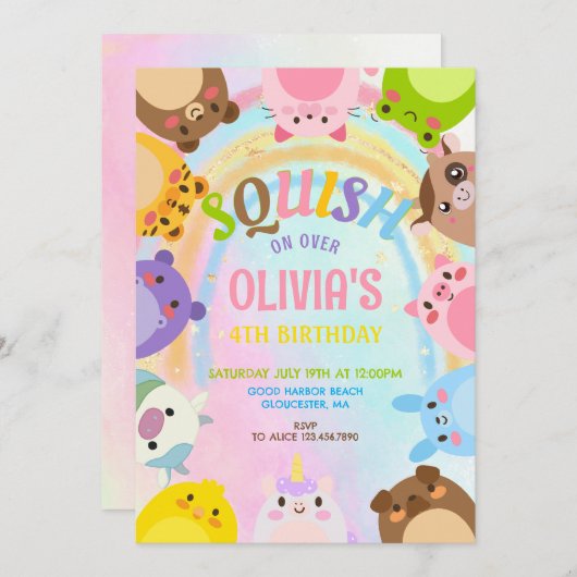 Cute animals Squish rainbow Birthday party 招待状 (正面/裏面)
