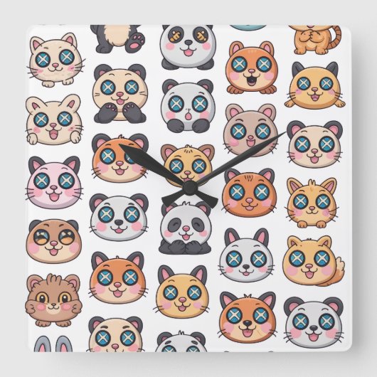 Cute Animals Sticker Sheet Adorable Cartoon Charac スクエア壁時計 (正面)