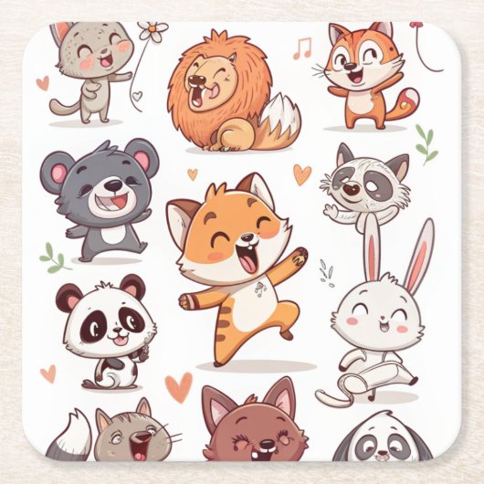  Cute Animals Sticker Sheet Adorable CSticker スクエアペーパーコースター (正面)