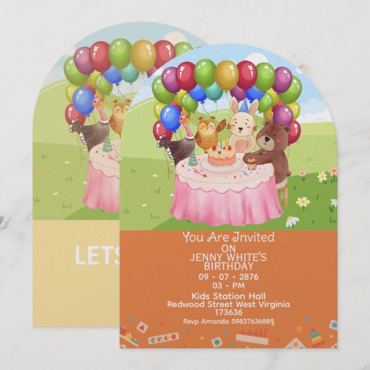 Cute Animals Themed kids Birthday Invitation  招待状 (正面/裏面)