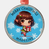 Cute Anime Asian Elf Personalized Christmas メタルオーナメント (正面)