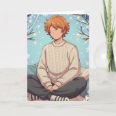 Cute Anime Boy Drinking Coffee in Winter カード (正面)