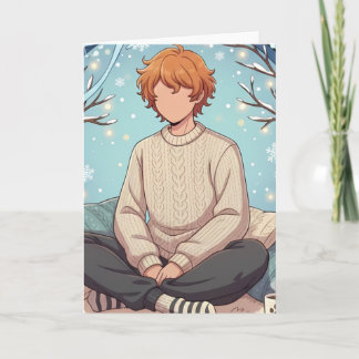 Cute Anime Boy Drinking Coffee in Winter カード