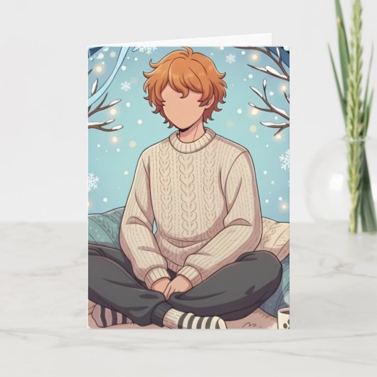 Cute Anime Boy Drinking Coffee in Winter カード (正面)