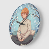 Cute Anime Boy Drinking Coffee in Winter ラージ壁時計 (傾斜)