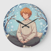 Cute Anime Boy Drinking Coffee in Winter ラージ壁時計 (正面)