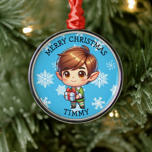 Cute Anime Boy Elf Personalized Christmas メタルオーナメント (ツリー)