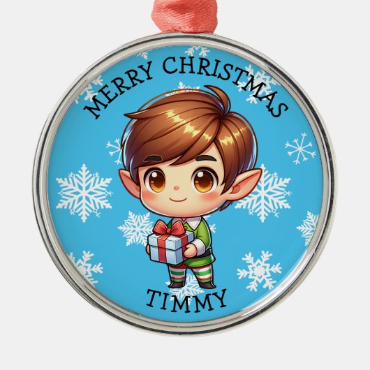 Cute Anime Boy Elf Personalized Christmas メタルオーナメント (正面)