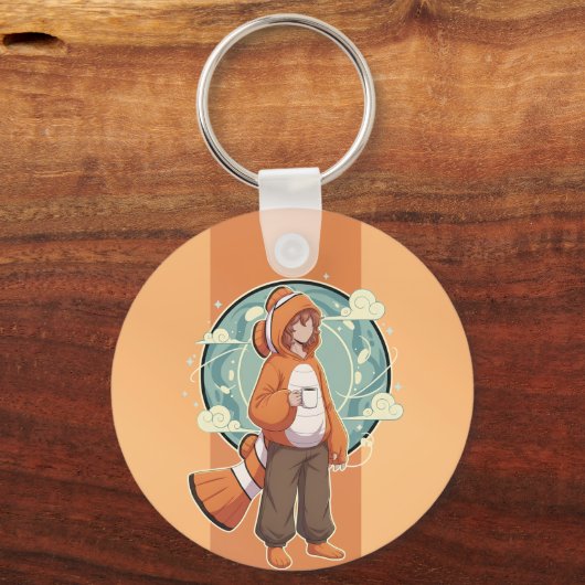 Cute Anime Boy in Clownfish Costume drinking Coffe キーホルダー (正面)
