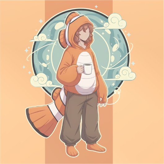 Cute Anime Boy in Clownfish Costume drinking Coffe シール (正面)