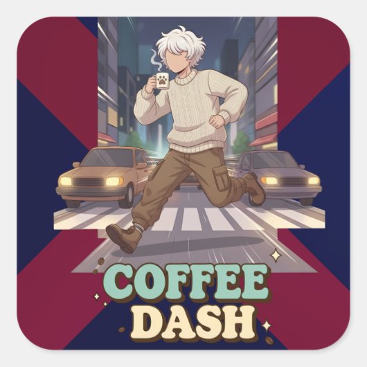 Cute Anime Boy Running in the City with Coffee スクエアシール (正面)