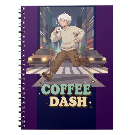 Cute Anime Boy Running in the City with Coffee ノートブック (正面)