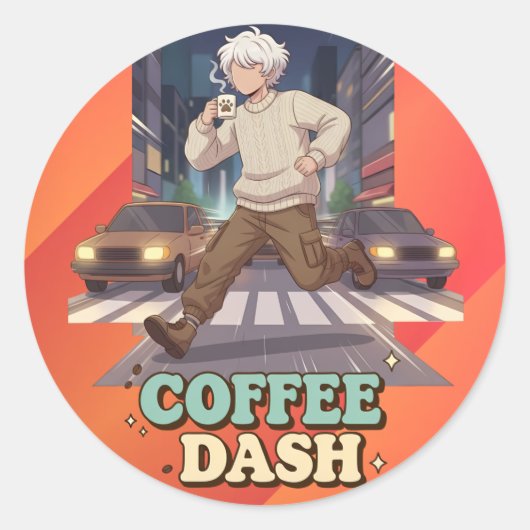 Cute Anime Boy Running in the City with Coffee ラウンドシール (正面)