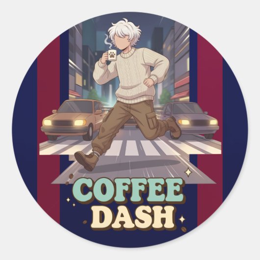 Cute Anime Boy Running in the City with Coffee ラウンドシール (正面)