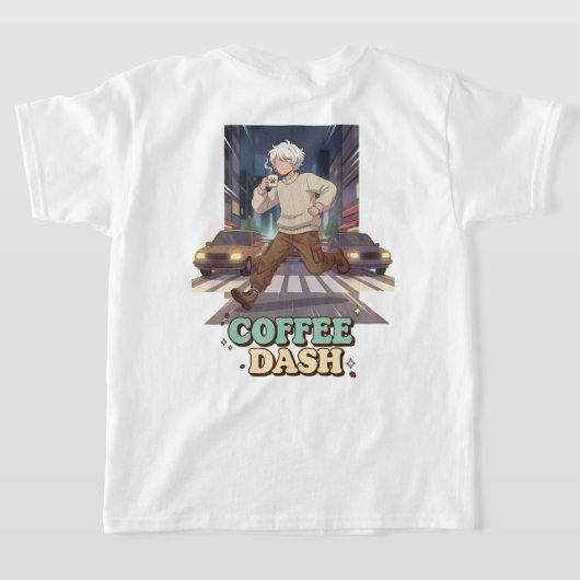 Cute Anime Boy Running in the City with Coffee Tシャツ (レイダウン裏面)