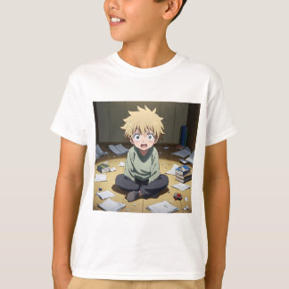 Cute Anime Boy Surprised in Messy Room – Emotional Tシャツ