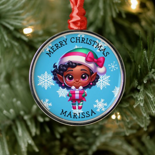 Cute Anime Elf of Color Personalized Christmas メタルオーナメント (ツリー)