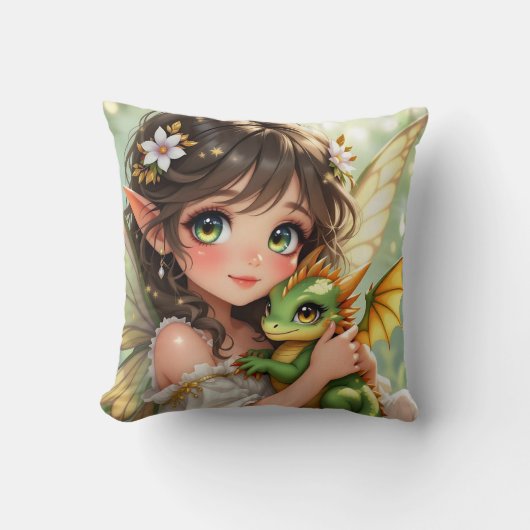 Cute Anime Fairy and Chibi Dragon  クッション (正面)