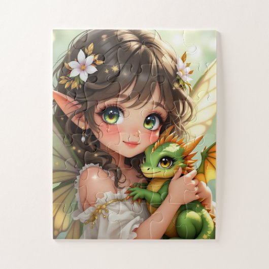 Cute Anime Fairy and Chibi Dragon  ジグソーパズル (縦)