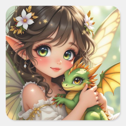 Cute Anime Fairy and Chibi Dragon スクエアシール (正面)