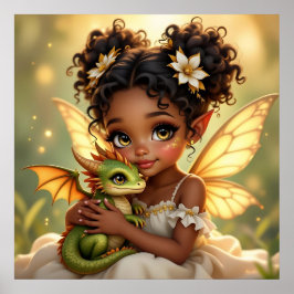 Cute Anime Fairy Girl and Chibi Dragon ポスター