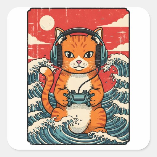 Cute Anime Gamer Cat Japanese Gaming Retro スクエアシール (正面)