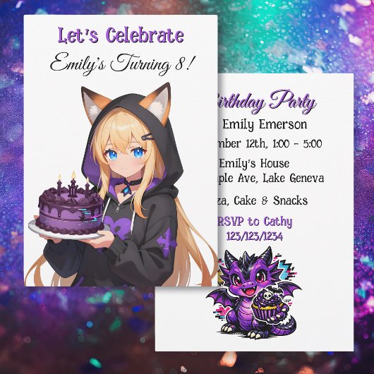 Cute Anime Girl and Dragon Girl's Birthday Party 招待状