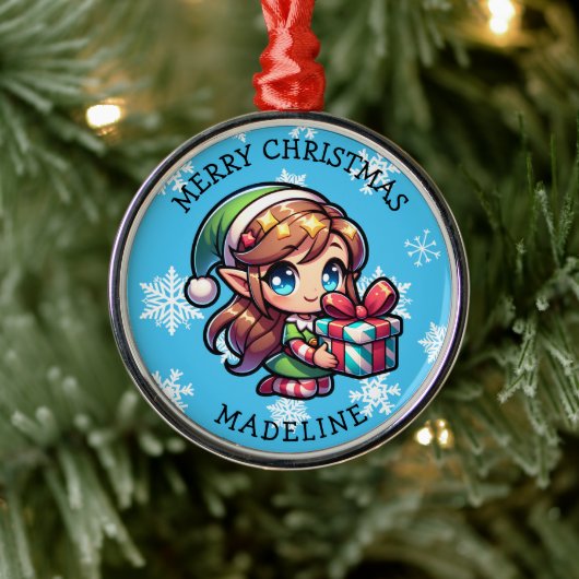Cute Anime Girl Elf Personalized Christmas メタルオーナメント (ツリー)