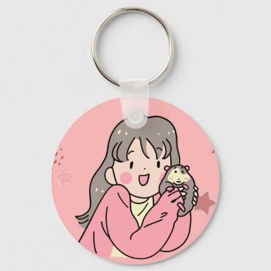 Cute Anime Girl Hugging Opossum Keychain - Kawaii  キーホルダー (正面)