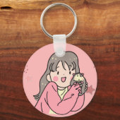 Cute Anime Girl Hugging Opossum Keychain - Kawaii  キーホルダー (正面)