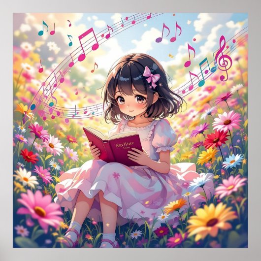 Cute Anime Girl Reading a Book ポスター (正面)