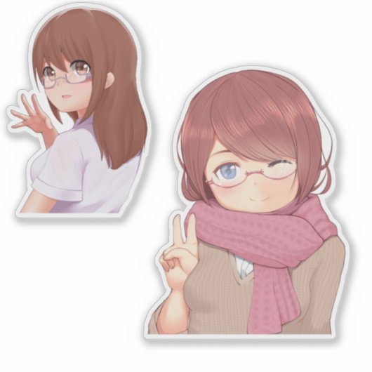 Cute Anime Girl with Glasses Aesthetic Sticker シール (正面)