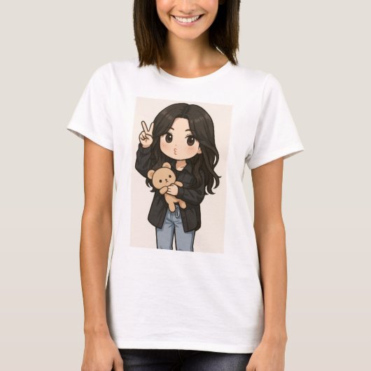 Cute Anime Girl with teddy bear peace sign T-Shirt Tシャツ (正面)