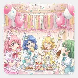 Cute Anime Girl's Ice Cream Birthday Party   スクエアシール