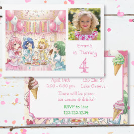 Cute Anime Girl's Ice Cream Birthday Party Photo 招待状