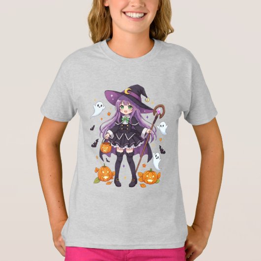 Cute Anime Witch Girl Halloween Kids T-Shirt Tシャツ (正面)